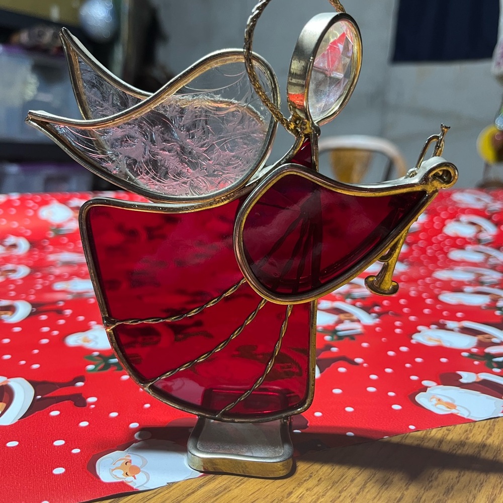 Elegant Red and Gold Angel Stained Glass Figurine